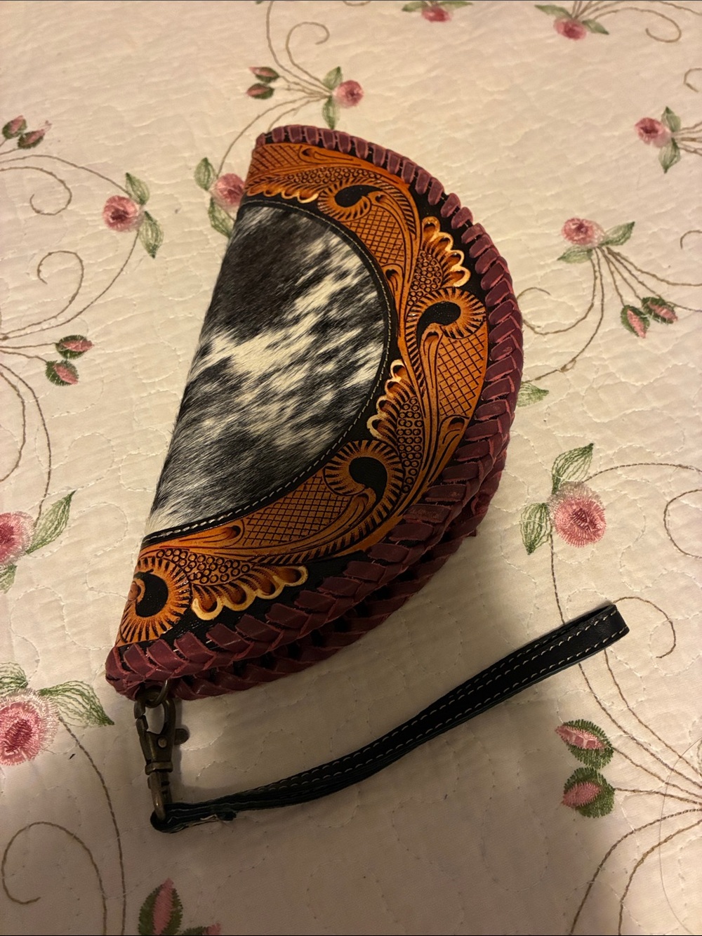 Handcrafted Western Cowhide Wristlet Clutch - Black, Brown & Pink